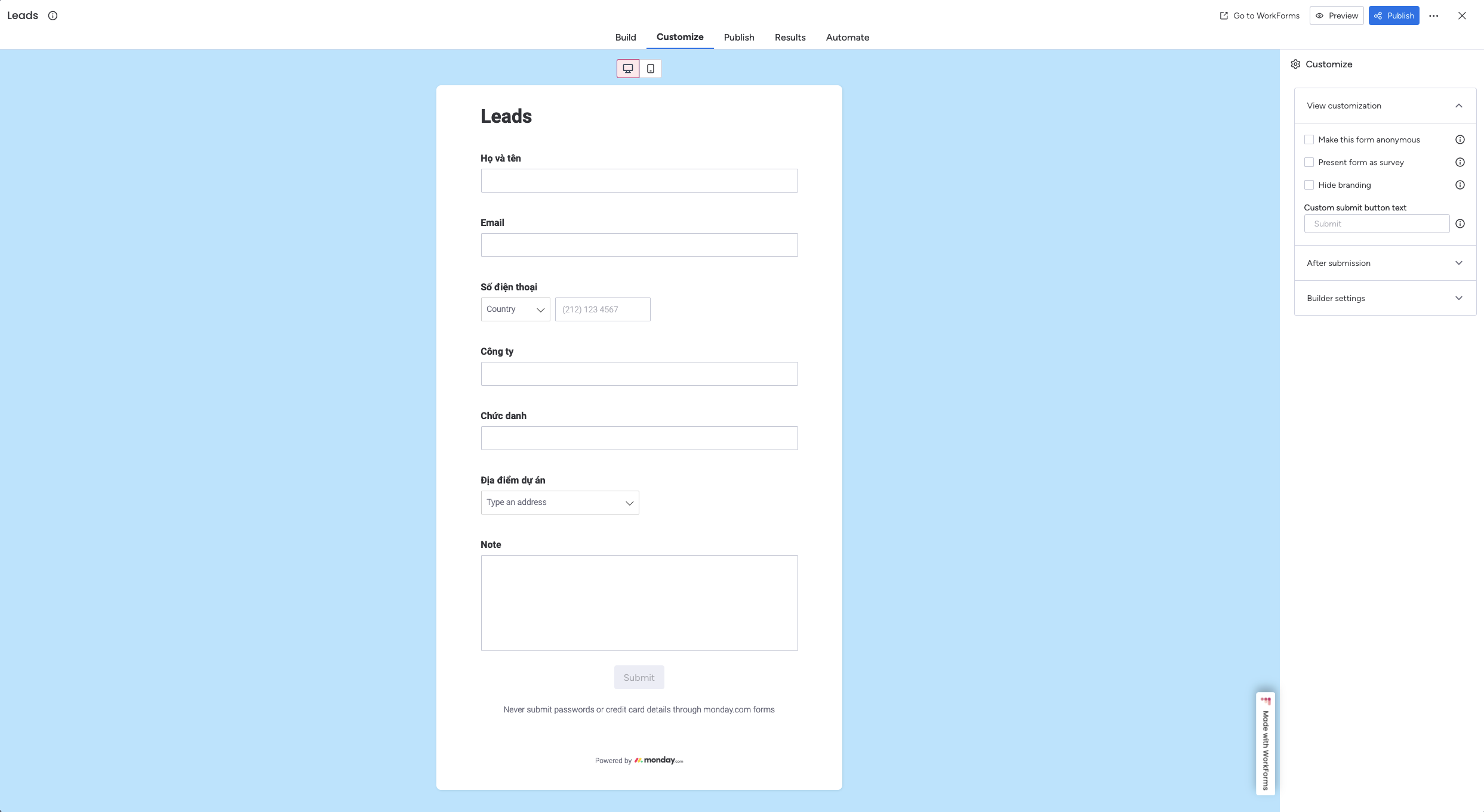 Tùy chỉnh form thu thập thông tin khách hàng